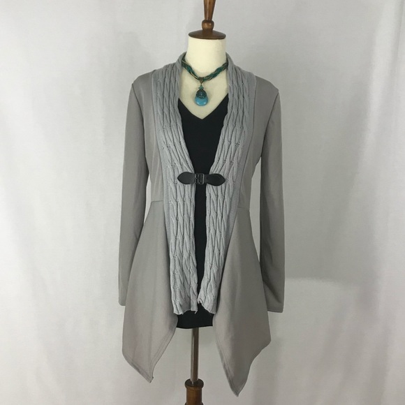Sweaters - Light Grey Darted Knit Cardigan with Buckle